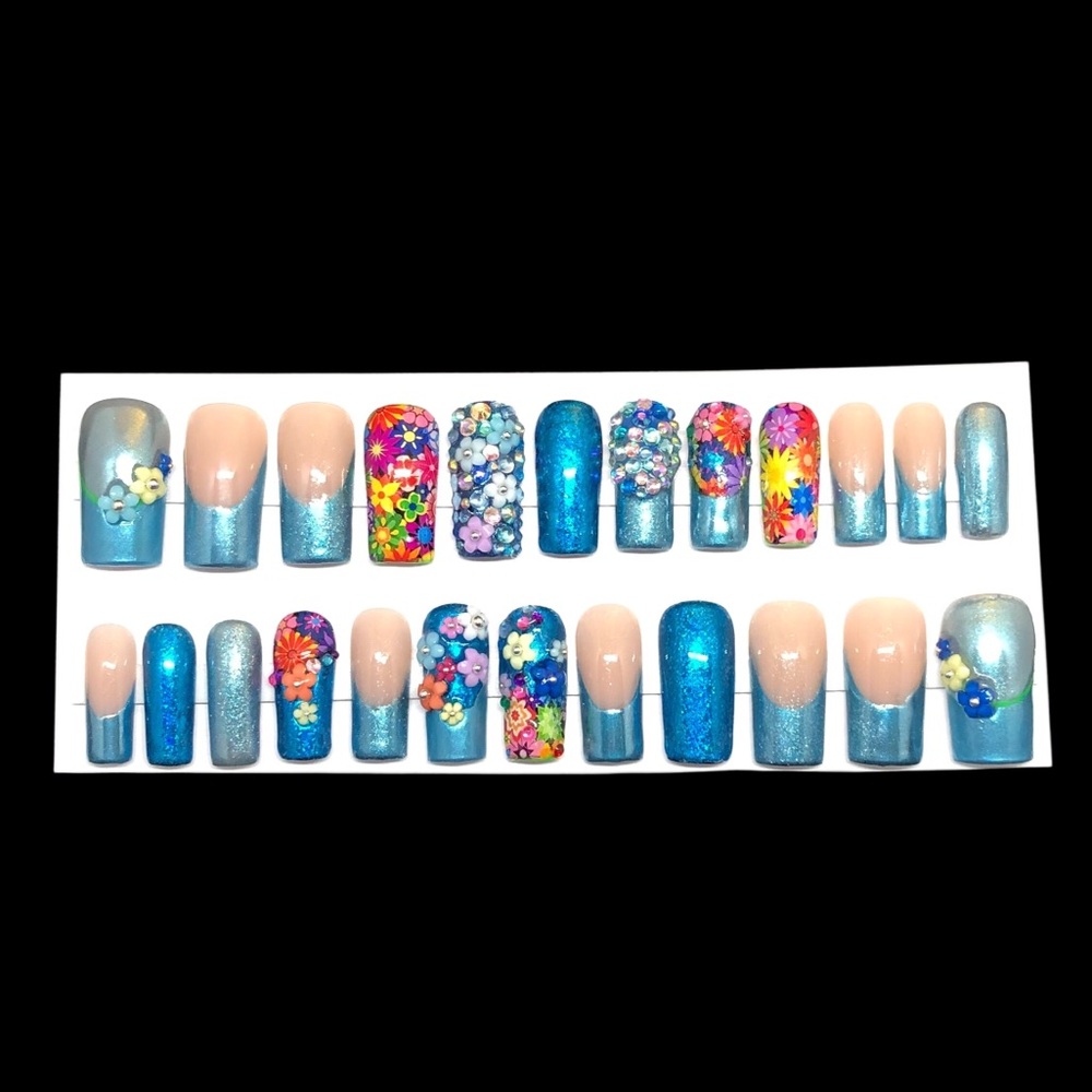 Handmade Custom Press on Nails Long Square French Floral Metallic Blue Nails